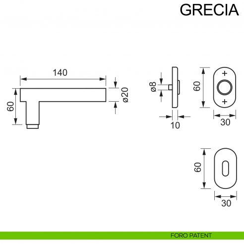 Maniglia in acciaio con rosetta ovale per porta Grecia Fimet Inox disegno foro patent