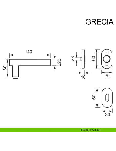 Maniglia in acciaio con rosetta ovale per porta Grecia Fimet Inox disegno foro patent