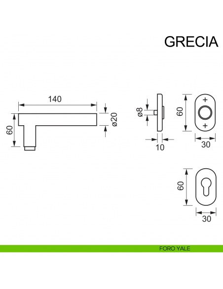 Maniglia in acciaio con rosetta ovale per porta Grecia Fimet Inox disegno foro yale