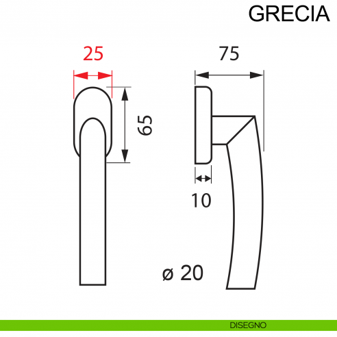 Maniglia con rosetta stretta in acciaio per finestra DK Grecia Fimet Inox disegno