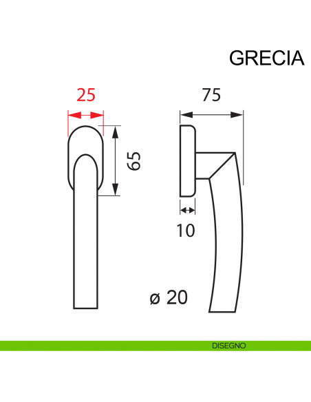 Maniglia con rosetta stretta in acciaio per finestra DK Grecia Fimet Inox disegno