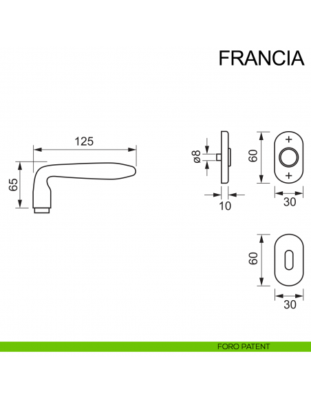 Maniglia con rosetta ovale in acciaio per porta Francia Fimet Inox disegno foro patent