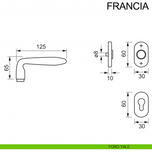 Maniglia con rosetta ovale in acciaio per porta Francia Fimet Inox disegno foro yale