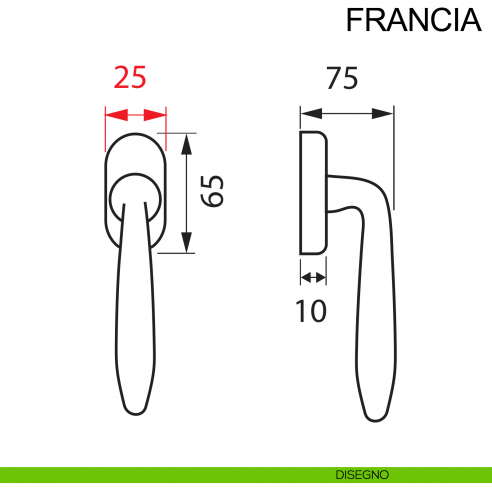 Maniglia per finestra con rosetta stretta in acciaio DK Francia Fimet Inox disegno
