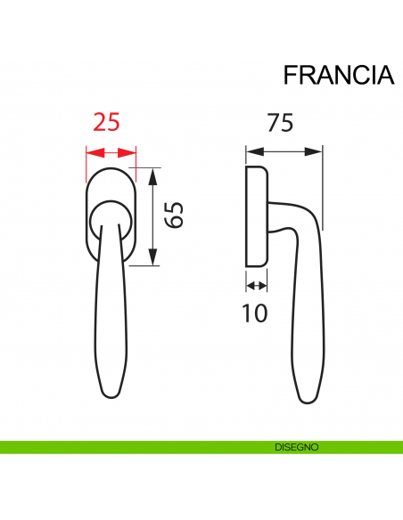 Maniglia per finestra con rosetta stretta in acciaio DK Francia Fimet Inox disegno