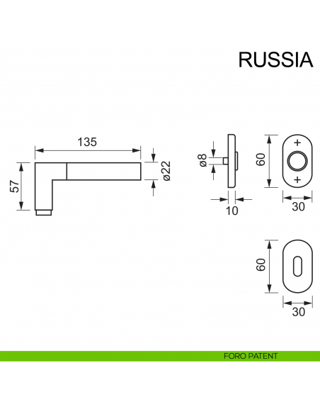 Maniglia in acciaio con rosetta ovale per porta Russia Fimet Inox disegno foro patent