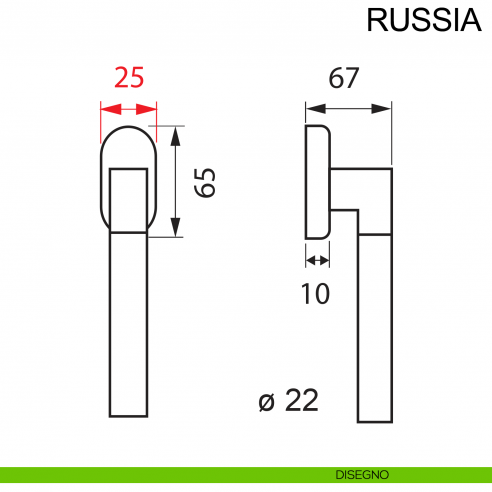 Maniglia per finestra con rosetta stretta in acciaio DK Russia Fimet Inox disegno