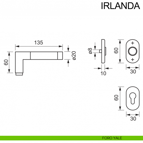 Maniglia in acciaio per porta con rosetta ovale Irlanda Fimet Inox disegno foro yale
