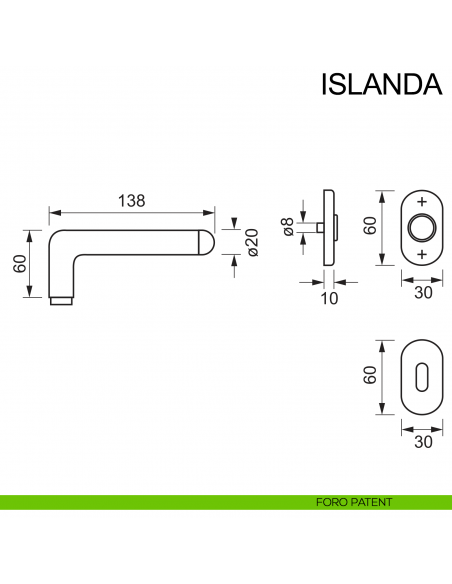 Maniglia in acciaio con rosetta ovale per porta Islanda Fimet Inox disegno foro patent
