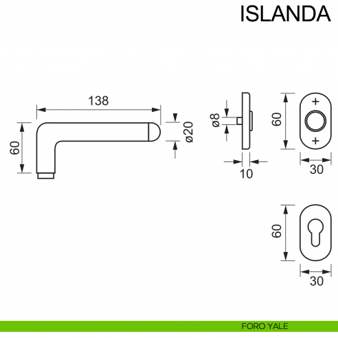 Maniglia in acciaio con rosetta ovale per porta Islanda Fimet Inox disegno foro yale