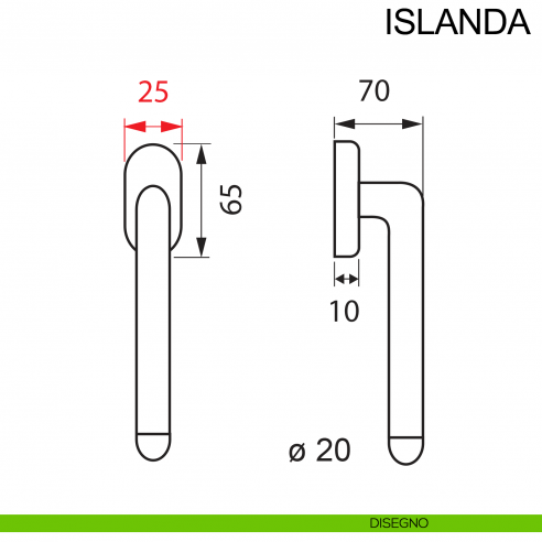 Maniglia con rosetta stretta in acciaio per finestra DK Islanda Fimet Inox disegno
