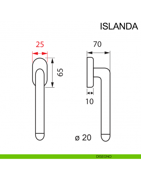 Maniglia con rosetta stretta in acciaio per finestra DK Islanda Fimet Inox disegno