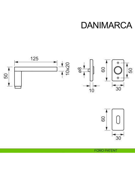 Maniglia in acciaio con rosetta rettangolare per porta Danimarca Fimet Inox disegno foro patent