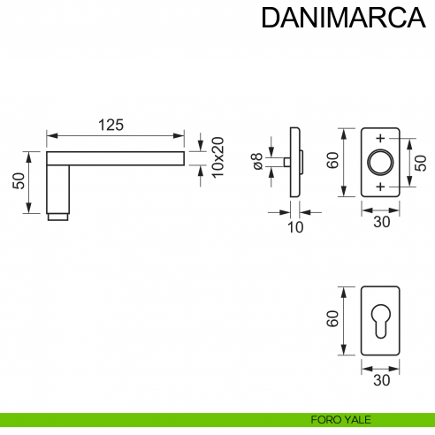 Maniglia in acciaio con rosetta rettangolare per porta Danimarca Fimet Inox disegno foro yale