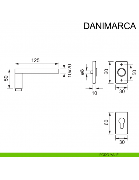 Maniglia in acciaio con rosetta rettangolare per porta Danimarca Fimet Inox disegno foro yale