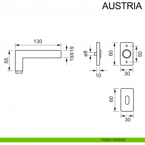 Maniglia con rosetta rettangolare in acciaio per porta Austria Fimet Inox disegno foro patent