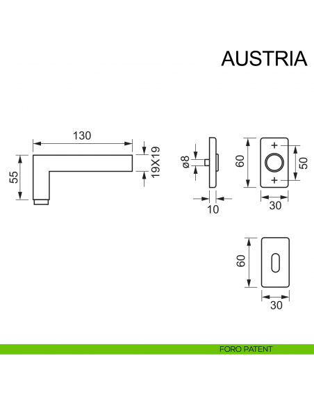 Maniglia con rosetta rettangolare in acciaio per porta Austria Fimet Inox disegno foro patent