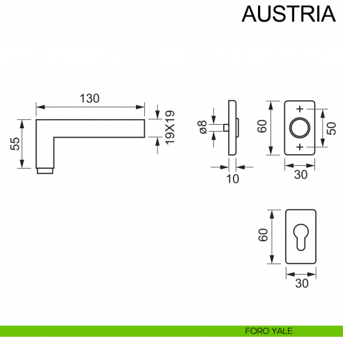Maniglia con rosetta rettangolare in acciaio per porta Austria Fimet Inox disegno foro yale