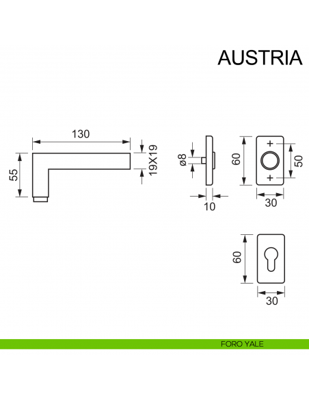 Maniglia con rosetta rettangolare in acciaio per porta Austria Fimet Inox disegno foro yale