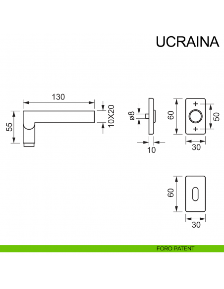 Maniglia in acciaio con rosetta rettangolare per porta Ucraina Fimet Inox disegno foro patent