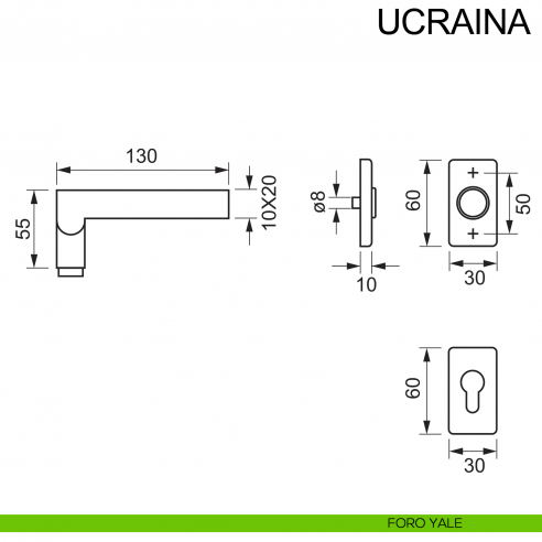 Maniglia in acciaio con rosetta rettangolare per porta Ucraina Fimet Inox disegno foro yale