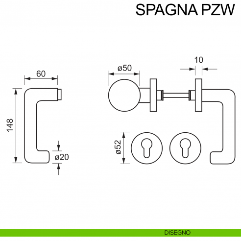 Maniglia in acciaio e pomolo fisso foro yale Spagna PZW Fimet Inox disegno