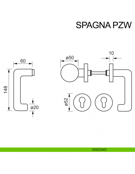 Maniglia in acciaio e pomolo fisso foro yale Spagna PZW Fimet Inox disegno