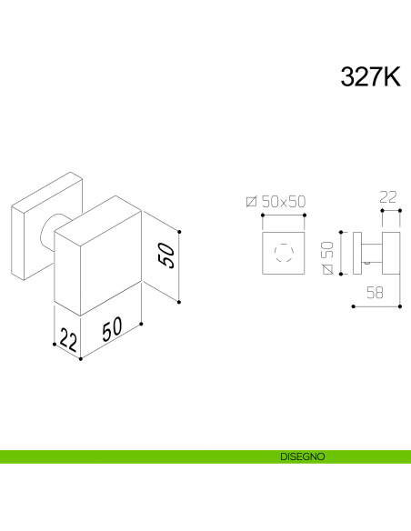 Pomolo fisso quadrato 50x50 in acciaio per porta 327K Fimet Inox disegno