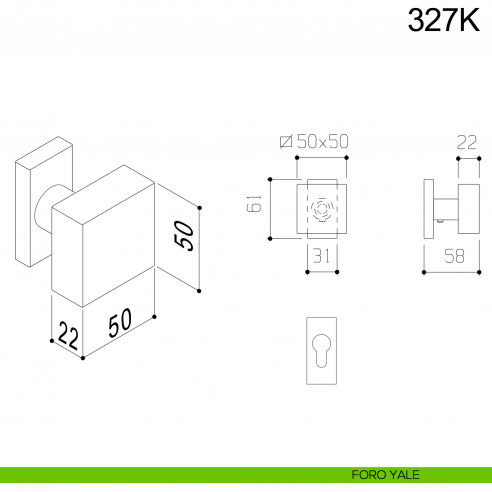 Pomolo girevole in acciaio per porta 327K Fimet Inox con rosetta rettangolare foro yale