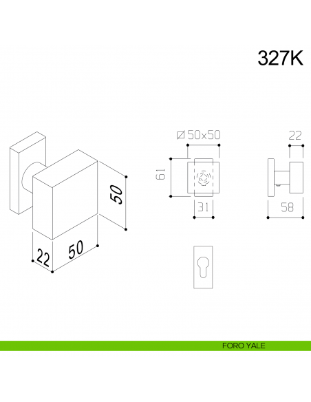 Pomolo girevole in acciaio per porta 327K Fimet Inox con rosetta rettangolare foro yale