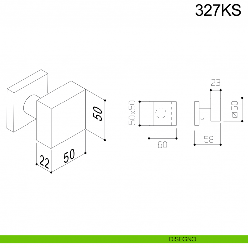 Pomolo fisso zancato 50x50 in acciaio per porta 327KS Fimet Inox disegno