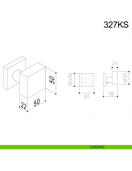 Pomolo fisso zancato 50x50 in acciaio per porta 327KS Fimet Inox disegno