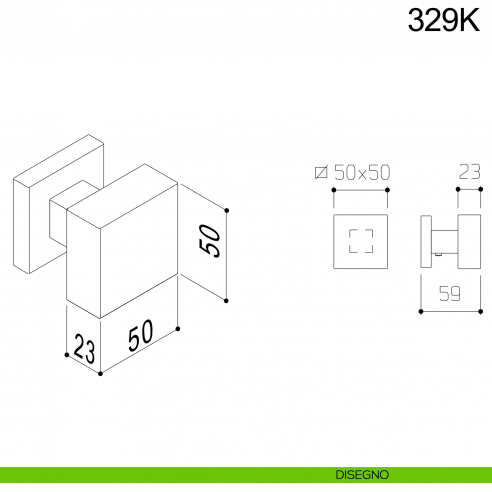 Pomolo quadrato fisso 50x50 in acciaio per porta 329K Fimet Inox disegno