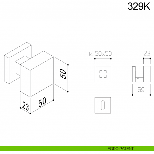 Pomolo quadrato girevole in acciaio per porta 329K Fimet Inox disegno foro patent