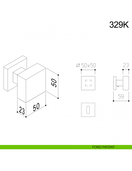 Pomolo quadrato girevole in acciaio per porta 329K Fimet Inox disegno foro patent
