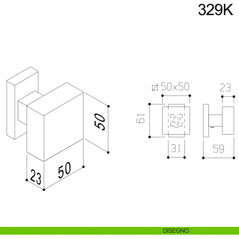 Pomolo quadrato fisso per porta 329K Fimet Inox con rosetta rettangolare disegno