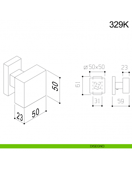 Pomolo quadrato fisso per porta 329K Fimet Inox con rosetta rettangolare disegno