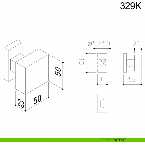 Pomolo girevole in acciaio per porta 329K Fimet Inox con rosetta rettangolare disegno foro patent