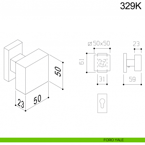 Pomolo girevole in acciaio per porta 329K Fimet Inox con rosetta rettangolare disegno foro yale