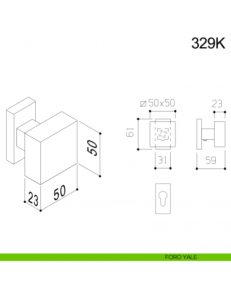 Pomolo girevole in acciaio per porta 329K Fimet Inox con rosetta rettangolare disegno foro yale
