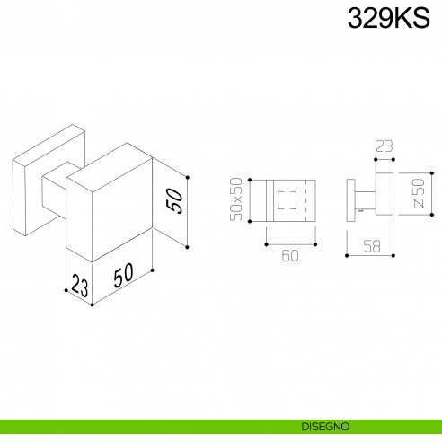 Pomolo zancato fisso 50x50 in acciaio per porta 329KS Fimet Inox disegno