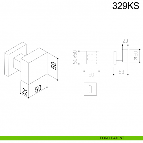 Pomolo in acciaio girevole zancato per porta 329KS Fimet Inox con rosetta rettangolare disegno foro patent