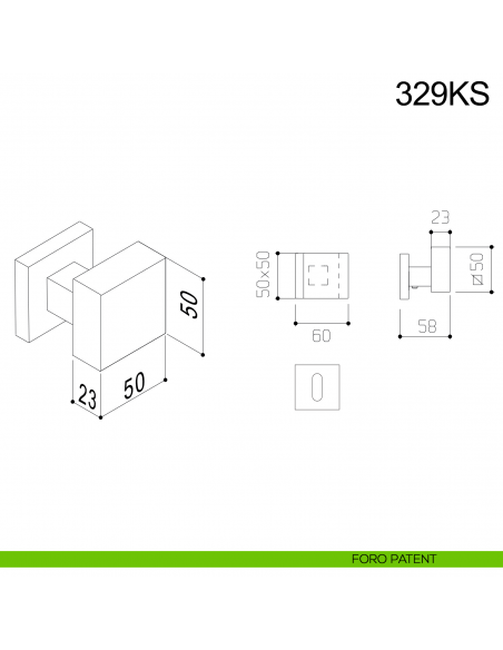Pomolo in acciaio girevole zancato per porta 329KS Fimet Inox con rosetta rettangolare disegno foro patent