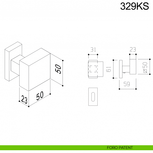 Pomolo girevole spostato in acciaio per porta 329KS Fimet Inox con rosetta rettangolare disegno foro patent