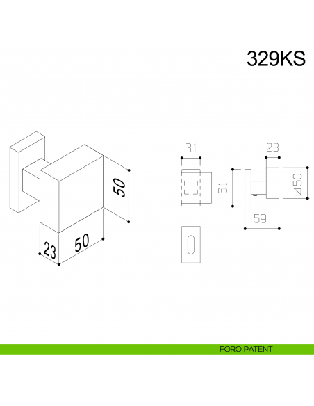 Pomolo girevole spostato in acciaio per porta 329KS Fimet Inox con rosetta rettangolare disegno foro patent