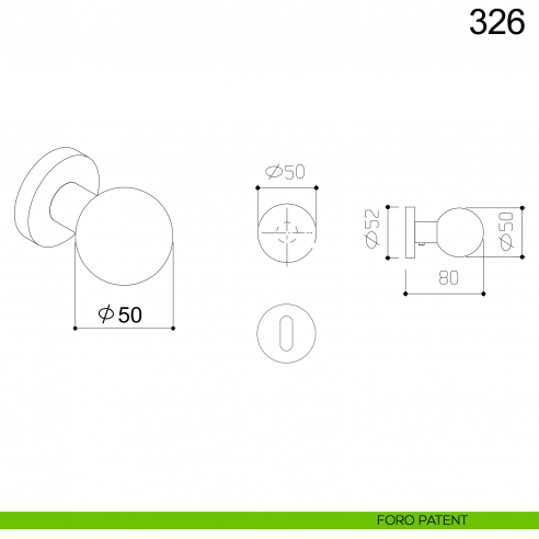 Pomolo tondo girevole in acciaio per porta diametro 50 mm 326 Fimet Inox disegno foro patent