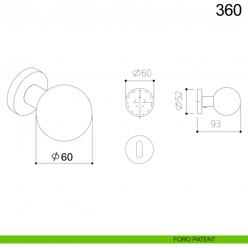 Pomolo sfera girevole in acciaio per porta diametro 60 mm 360 Fimet Inox disegno foro patent
