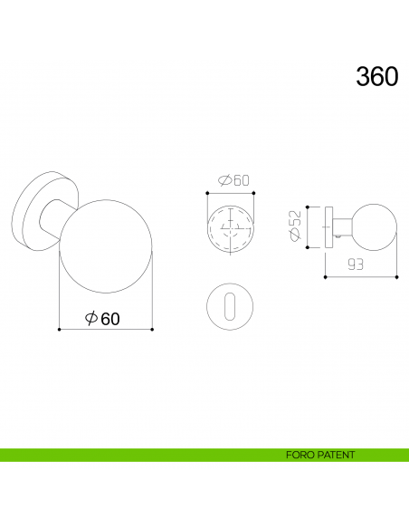 Pomolo sfera girevole in acciaio per porta diametro 60 mm 360 Fimet Inox disegno foro patent