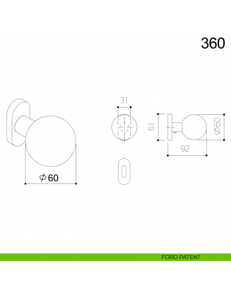 Pomolo sfera girevole in acciaio per porta diametro 60 mm 360 Fimet Inox con rosetta ovale disegno foro patent