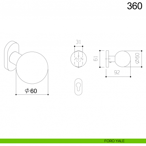 Pomolo sfera girevole in acciaio per porta diametro 60 mm 360 Fimet Inox con rosetta ovale disegno foro yale